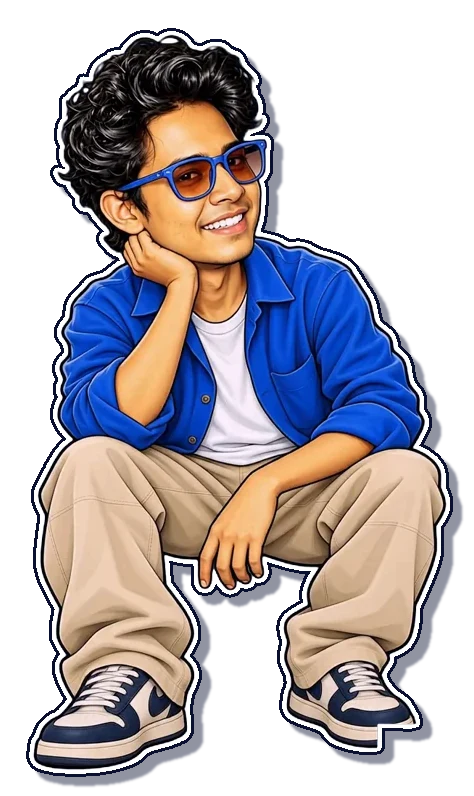 Cartoon of Saikat sitting, chin on hand