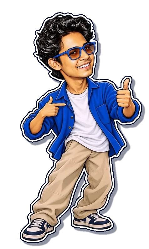 Cartoon of Saikat pointing at himself with a thumbs up